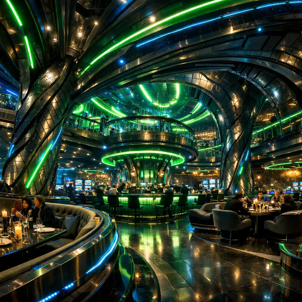 Futuristički interijer Casinokrake s metalnim podovima, staklenim površinama i bioluminiscentnom rasvjetom