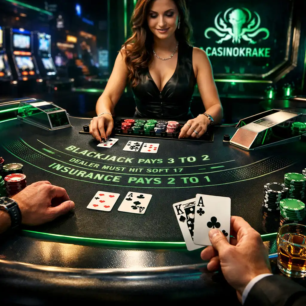 Neon osvijetljeni blackjack stol u cyber-industrijskom interijeru Casinokrake casina