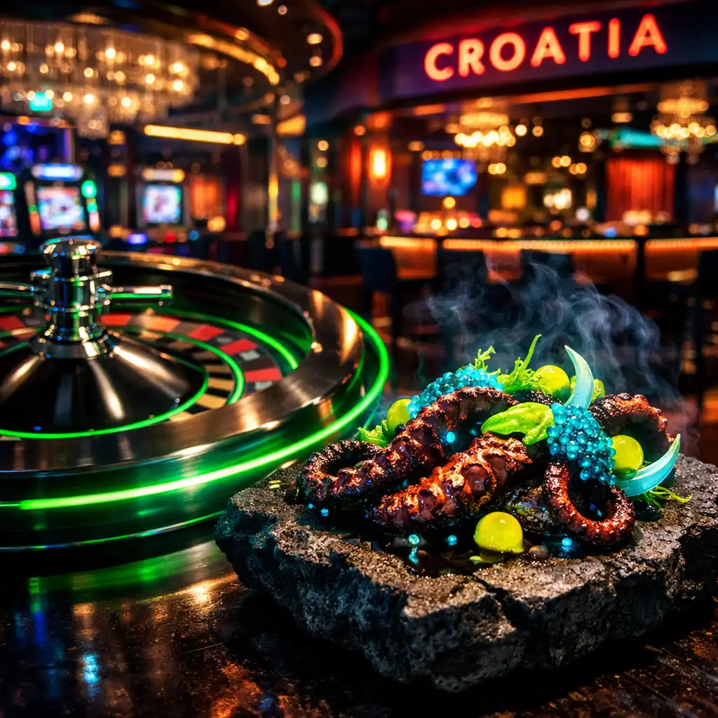 Neon rulet stol u Casinokrake casinu s motivom hobotnice i cyberpunk osvjetljenjem