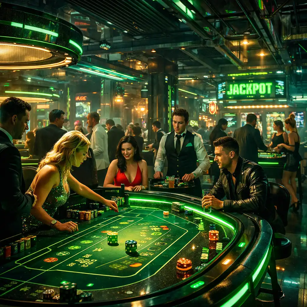 Interijer Casinokrake kazina s neonskim svjetlima, stolovima za igre i industrijskim detaljima