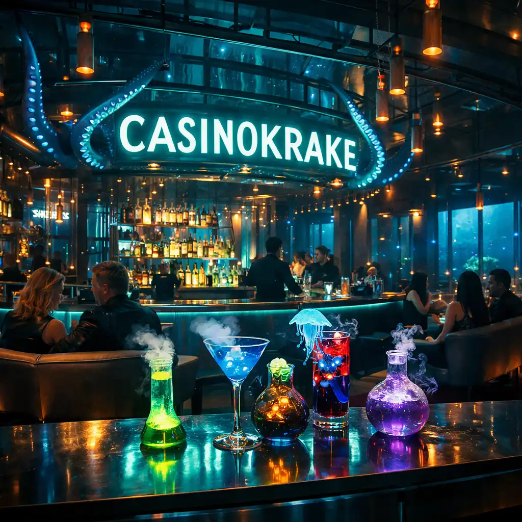Cyberpunk bar i lounge zona u Casinokrake casinu s neon koktelima i industrijskim dizajnom