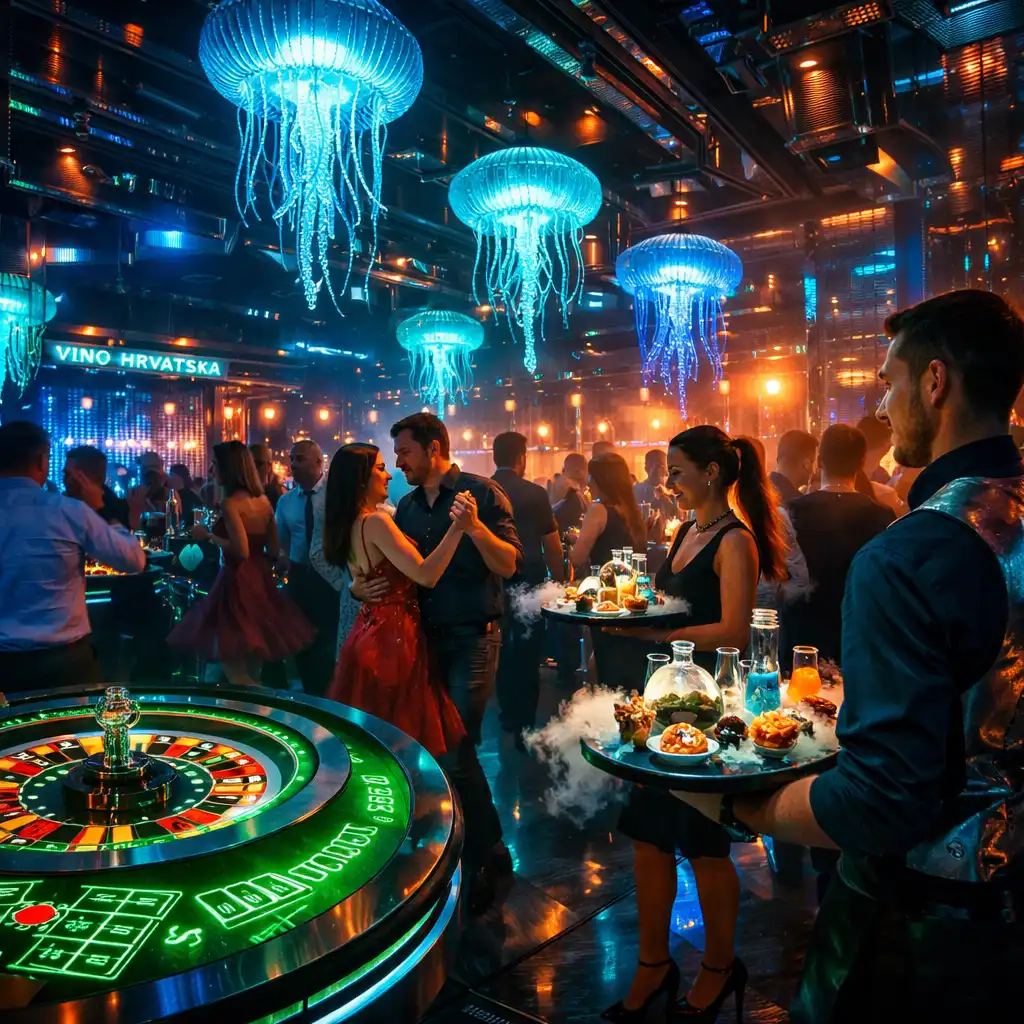 Noćni prizor iz Casinokrake s laserskim svjetlima, plesnim podijem i casino stolovima