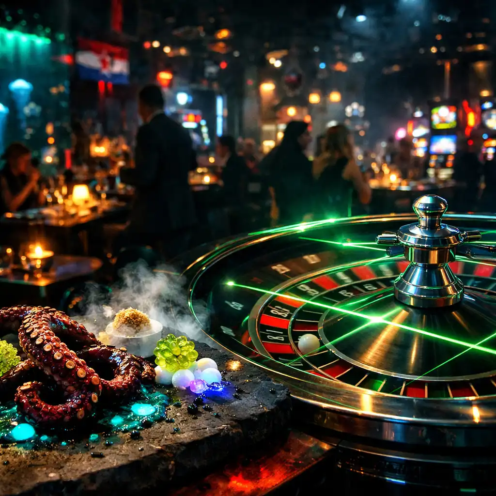 Neonski osvijetljena dvorana Casinokrake s rulet stolovima i futurističkim seafood jelima