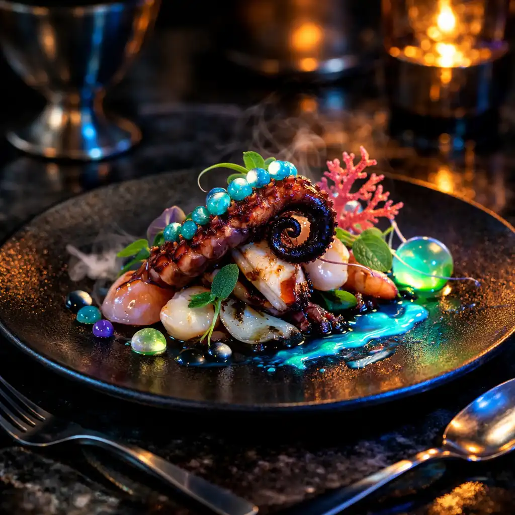 Molekularno prezentirano fusion seafood jelo pod bioluminiscentnim svjetlom u Casinokrake restoranu