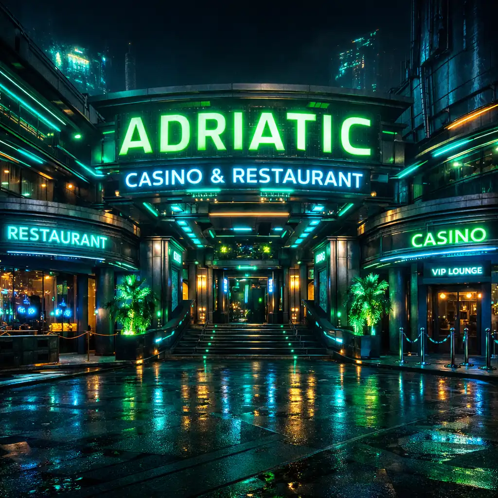 Neonski osvijetljen interijer Casinokrake kazina i restorana s cyberpunk i morskim motivima
