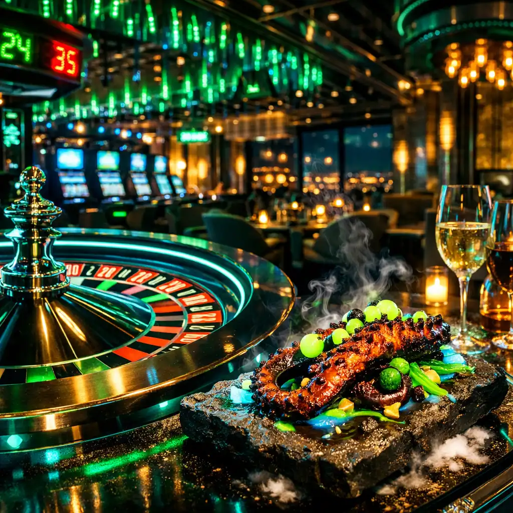 Neonima obasjan kasino i avangardni seafood restoran u cyber-industrijskom stilu u Casinokrake venueu