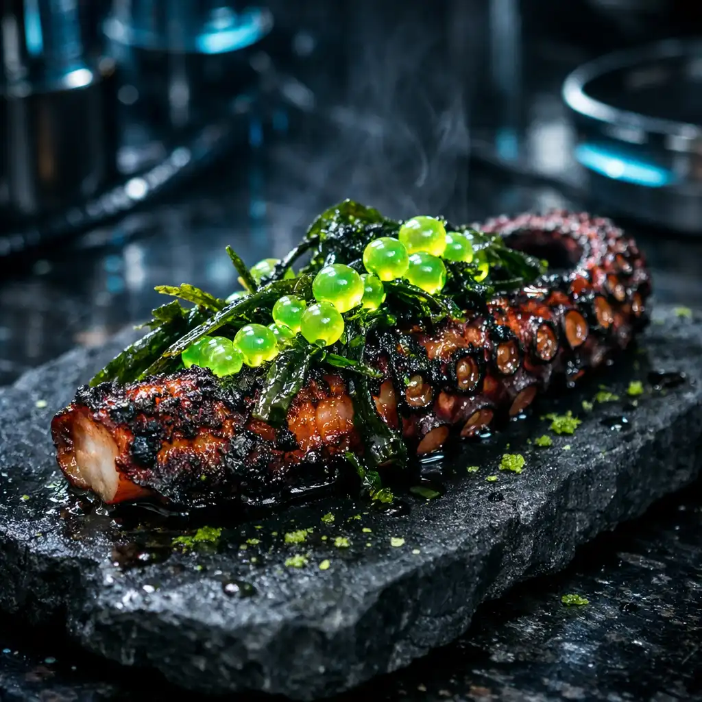 Charred octopus s neon garnirungom poslužen na tamnoj, futurističkoj keramici u Casinokrake restoranu