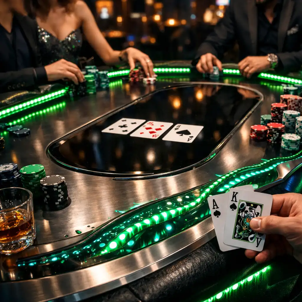 High-stakes poker stol u Casinokrake casinu s metalnim detaljima i neon osvjetljenjem