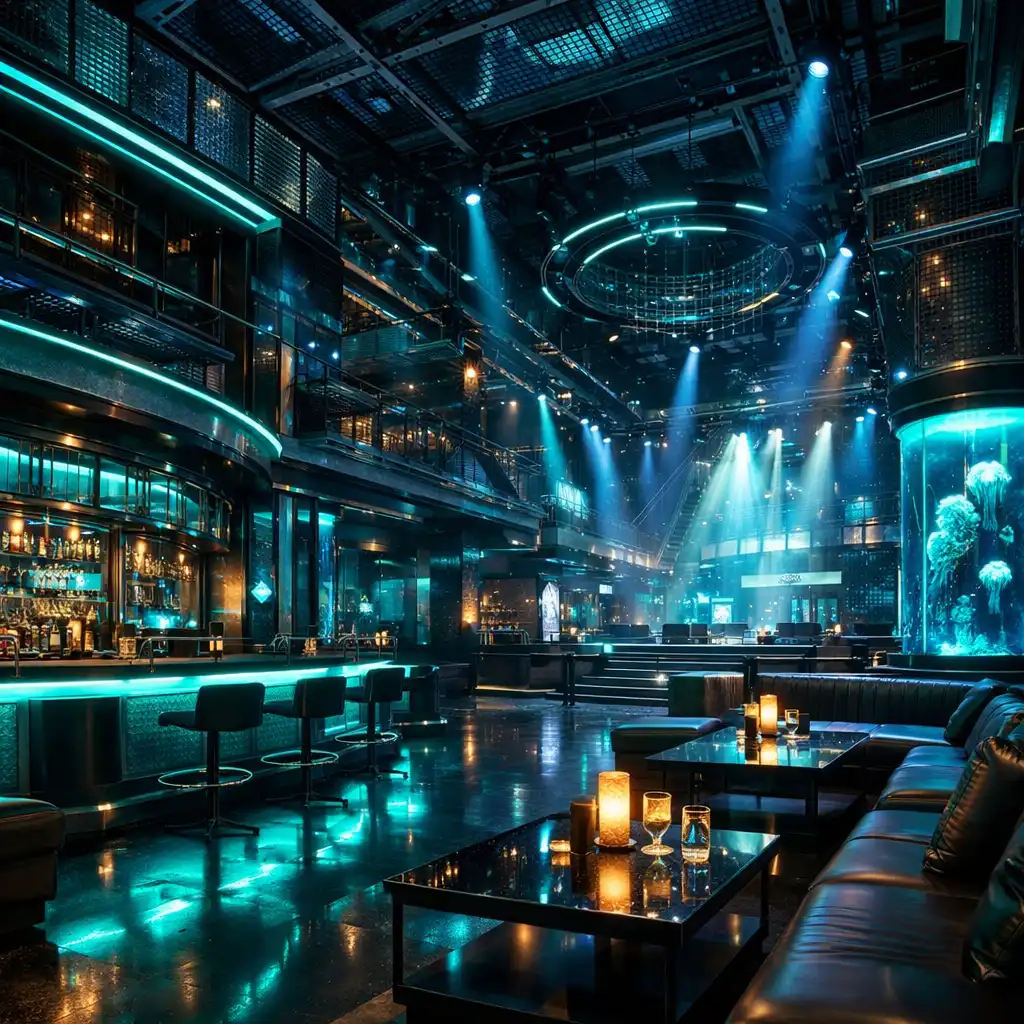 Unutrašnjost Casinokrake venuea s dubokomorskim osvjetljenjem, metalnim strukturama i cyberpunk estetikom