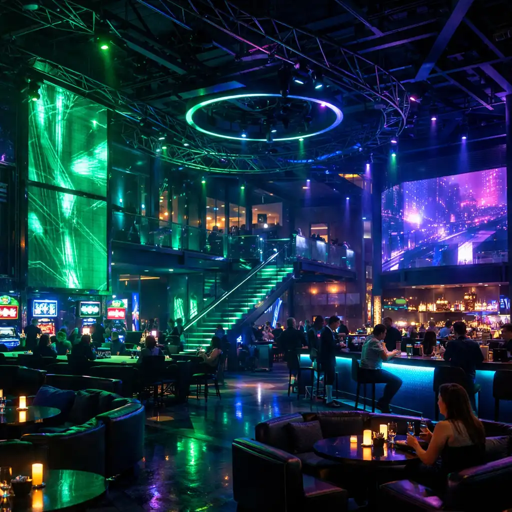 Noćno osvjetljenje interijera Casinokrake s digitalnim ekranima i industrijskom arhitekturom