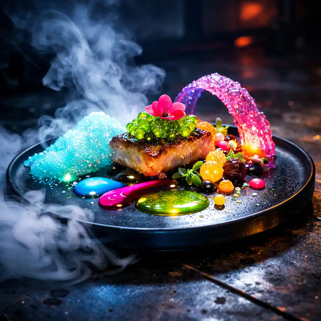 Molekularno fusion jelo s dimnim efektima i neon detaljima na tamnoj pozadini