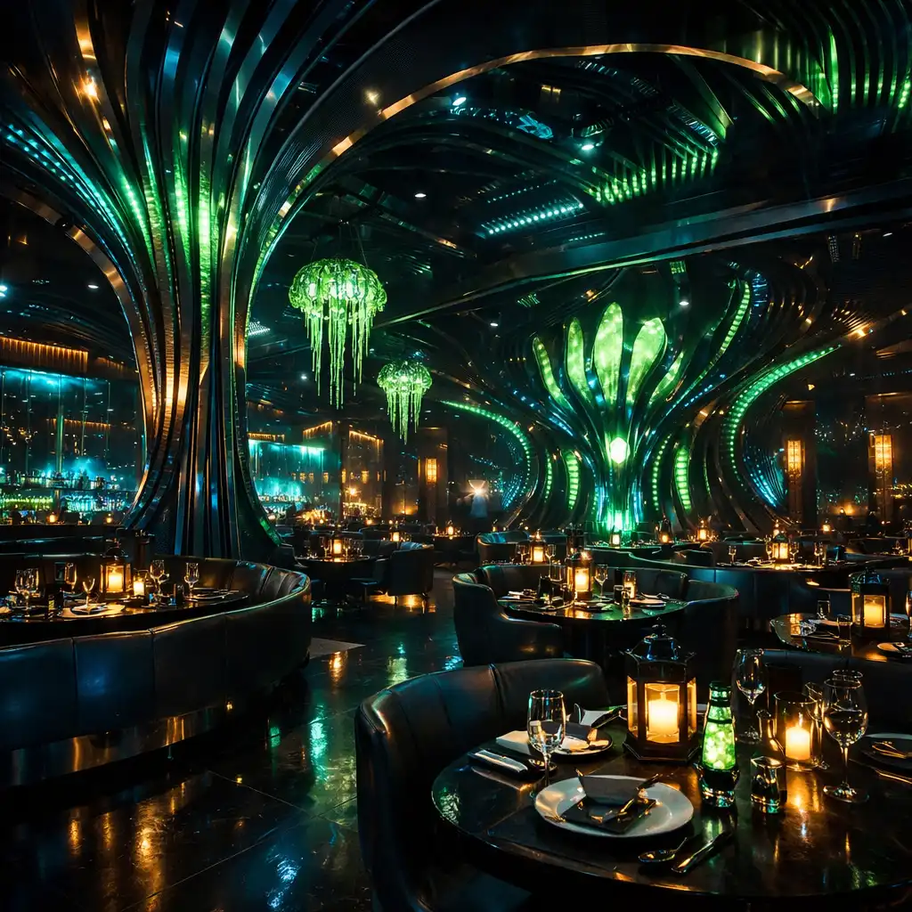 Neon osvijetljena, industrijska blagovaonica s metalnim teksturama i bioluminiscentnim akcentima u Casinokrake restoranu