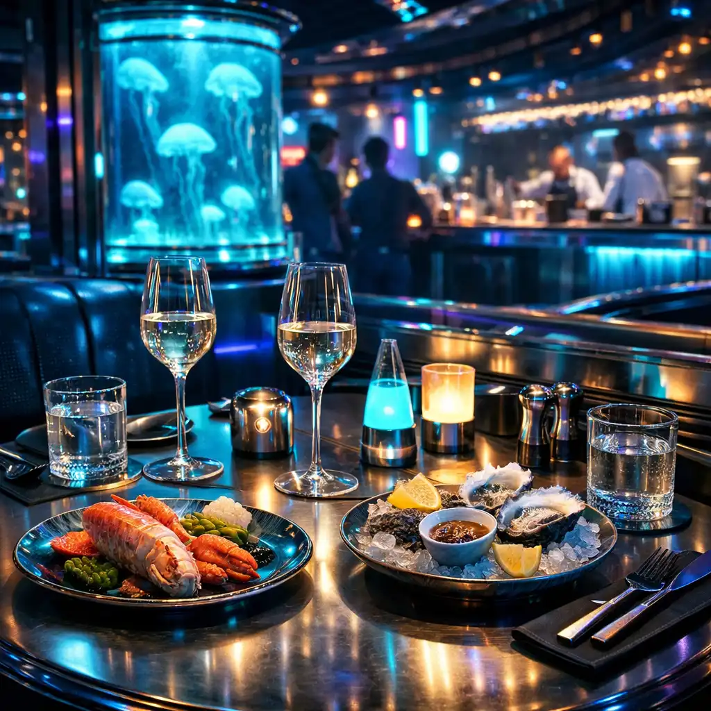 Elegantno postavljen stol u futurističkom interijeru Casinokrake restorana noću