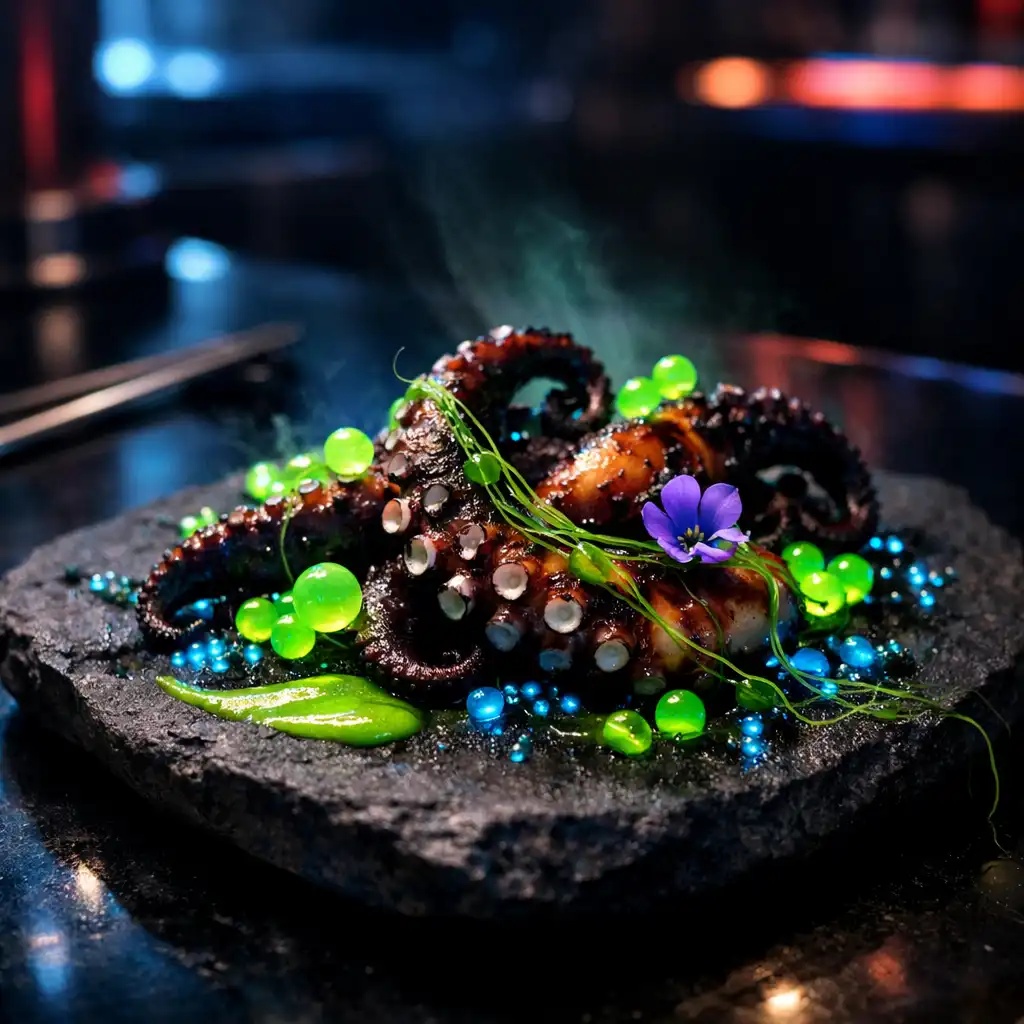 Avangardno poslužen seafood fusion tanjur s neonskim akcentima u Casinokrake restoranu