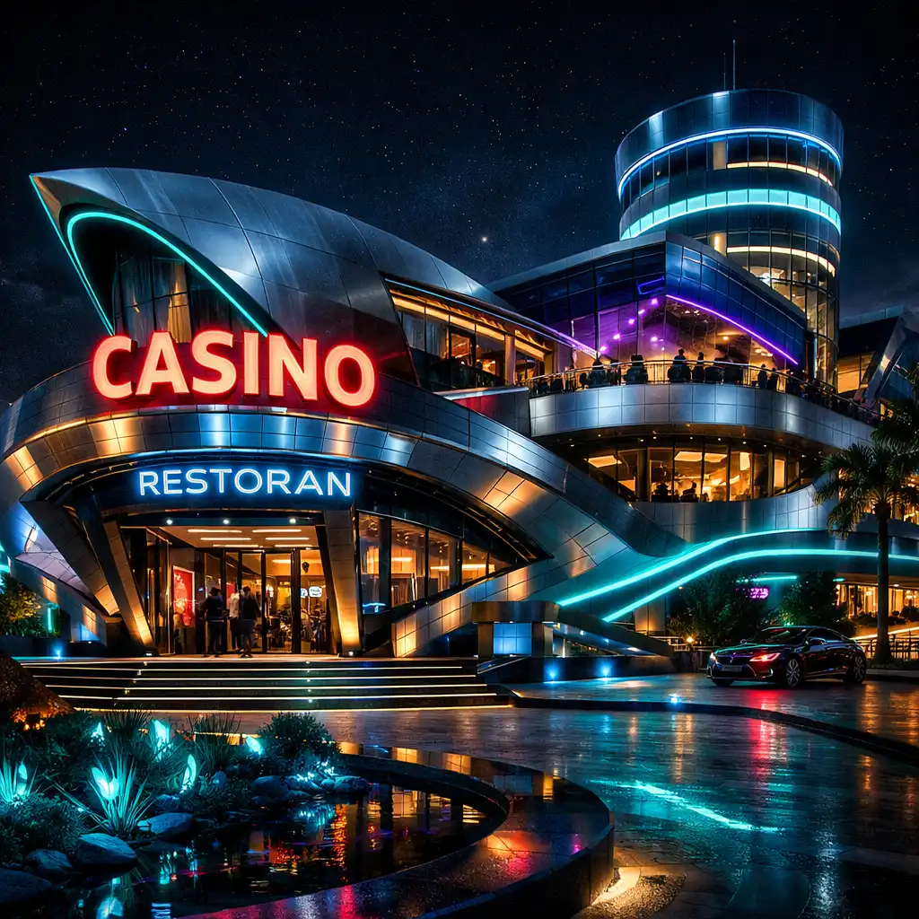 Noćni eksterijer Casinokrake venuea u Hrvatskoj s industrijskim metalom i bioluminiscentnim neonskim svjetlima